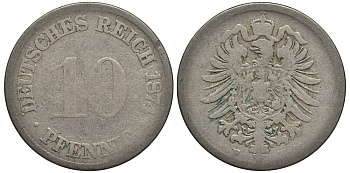 ГЕРМАНИЯ 10 ПФЕННИГОВ 1874 F, СТАРОГЕРБОВКА KM 4, Jager 4, Weege 7 медно-никель 4546-1116