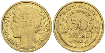 ФРАНЦИЯ 50 САНТИМОВ 1941 ТИП MORLON KM 894.1, LE FRANC 192.18 алюминиевая бронза 44-536