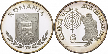 Румыния 100 леев 1996 XXVI Олимпийские игры 1996 года в Атланте, 100 лет Олимпийскому движению, стрельба, пробный выпуск  серебро  PROOF  11-204-43