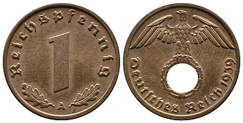 Германия 1 рейхспфенниг 1939 A KM 89, J. 361 бронза    220-345
