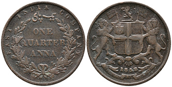 Британская Индия 1/4 анна 1858 Британская Ост-Индская компания, венок с двойными листьями KM 463.2 медь 34-747