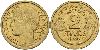 ФРАНЦИЯ 2 ФРАНКА 1939 ТИП MORLON KM 886, LE FRANC 268.12 алюминиевая бронза 3855-142
