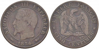 ФРАНЦИЯ 5 САНТИМОВ 1854 D, НАПОЛЕОН III (1852-1870) KM 777.4, LE FRANC 116.12 бронза 4448-1215