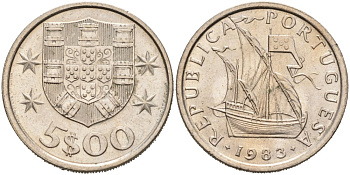 Португалия 5 эскудо 1983 парусник KM 591 медно-никель 4556-1156