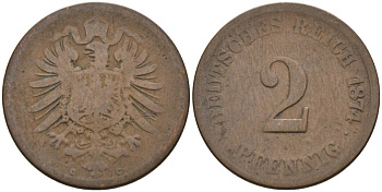 Германия 2 пфеннига 1874 C, старогербовка KM 2, J. 2 медь 4573-1254