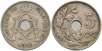 БЕЛЬГИЯ 5 САНТИМОВ 1928 BELGIQUE KM 66 медно-никель 44-133