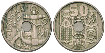 Испания 50 сентимо 1949 (56) Франко (1939-1975), морская атрибутика KM 777 медно-никель 4385-614