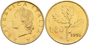 Италия 20 лир 1995 R, дубовый лист KM 97.2 алюминиевая бронза  UNC  4594-943