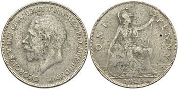 Великобритания 1 пенни 1929 Георг V (1910-1936) KM 838, Spink 4055 бронза 115-236