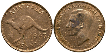 Австралия 1 пенни 1943 М, Георг VI (1937-1952), кенгуру KM 36 бронза 00-00