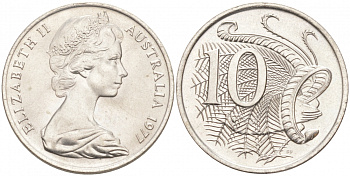 Австралия 10 центов 1977 Елизавета II (1952-), птица лирахвост KM 65 медно-никель UNC 3853-1214