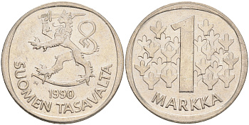 ФИНЛЯНДИЯ 1 МАРКА 1990 M KM 49а медно-никель 4556-844