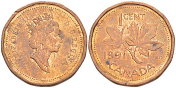 Канада 1 цент 1991 Елизавета II (1952-2022), кленовый лист KM 181 бронза 3458-1132