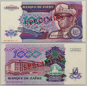 Заир 1000 заиров 1989 Мобуту Сесе Секо в военной форме, народный дворец. Образец, Specimen Pick 35s бумага UNC (пресс) 6279-22-3-1