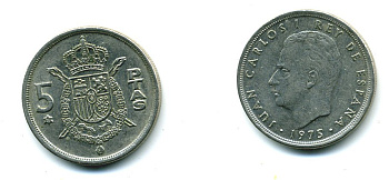 Испания 5 песет 1975 (79) Хуан Карлос I (1975-2014) KM 807 медно-никель 25-2023