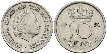 НИДЕРЛАНДЫ 10 ЦЕНТОВ 1958 ЮЛИАНА KM 182 никель 96-443