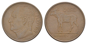 Норвегия 5 эре 1958 Улаф V (1957-1991) KM 405 бронза 4587-1036