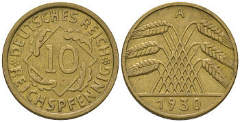 Германия 10 рейхспфеннигов 1930 A KM 40, J. 317 бронза    4641-326
