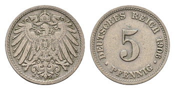 Германия 5 пфеннигов 1906 D, Вильгельм II (1888-1918) KM 11, J. 12 медно-никель 4636-129
