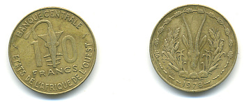 ЗАПАДНАЯ АФРИКА 10 ФРАНКОВ 1978 KM 1а алюминий никель бронза 86-1647
