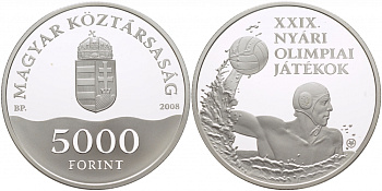 Венгрия 5000 форинтов 2008 Олимпийские игры, водное поло, тираж 14000 экземпляров KM 808 серебро PROOF 1074-6-21