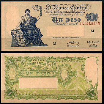 Аргентина 1 песо 1947 серия М 96194, розовая бумага Pick 257 (2) бумага UNC (пресс)  7202-4-3