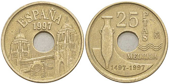 Испания 25 песет 1997 Мелилья (Melilla), Хуан Карлос I (1975-2014) KM 983 латунь 213-221
