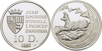 Андорра 10 динеров 1992 серия сохраним наш мир, серна KM 75 серебро PROOF 1077-6-24