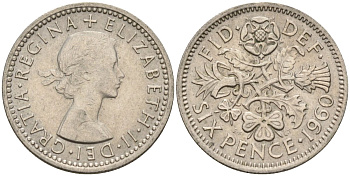 Великобритания 6 пенсов 1960 Елизавета II (1952-2022) KM 903, Spink 4149 медно-никель 4596-1043