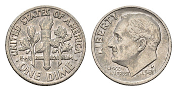 США 10 центов (дайм) 1981 P, Рузвельт KM 195a медь плакированная медно-никелем 4674-548