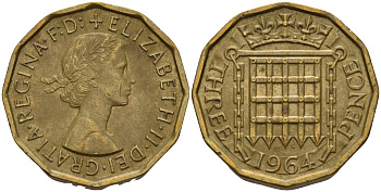 Великобритания 3 пенса 1964 Елизавета II (1952-2022) KM 900, Spink 4153 никель латунь 4153-742