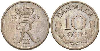 Дания 10 эре 1966 С; S, Фредерик IX (1947-1972) KM 849.1 медно-никель UNC 187-648