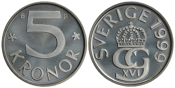 Швеция 5 крон 1999 B, Карл XVI Густав (1973- ) KM 853a медно-никель PROOFLIKE 4680-441