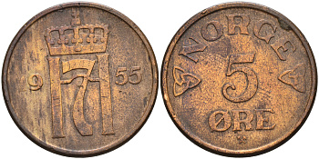 НОРВЕГИЯ 5 ЭРЕ 1955 ХОКОН VII (1905-1957) KM 400 бронза 4589-446