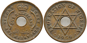 Нигерия 1/2 пенни 1959 Елизавета II (1952-), Британский протекторат KM 1 бронза 4387-531