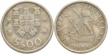 ПОРТУГАЛИЯ 5 ЭСКУДО 1974 ПАРУСНИК KM 591 медно-никель 3718-456