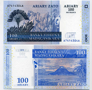Мадагаскар 100 ариари (500 франков) 2004 заповедник, пейзаж с вулканом,  подпись 5 Pick 86 а бумага UNC (пресс) 448-87-1