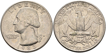 США 25 центов = квотер 1983 P, Вашингтон KM A164a медь плакированная медно-никелем 4584-1151