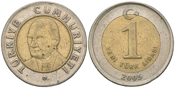 Турция 1 лира 2005 Кемаль Ататюрк KM 1169 биметалл 4620-557