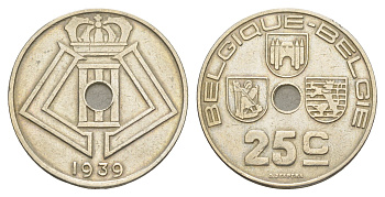Бельгия 25 сантимов 1939 Belgique - Belgie KM 114 никель латунь 4175-1024