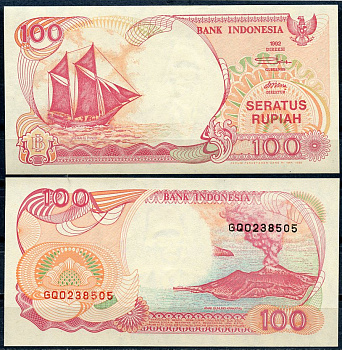 Индонезия 100 рупий 1992/1999 парусник пиниси, вулкан Кракатау Pick 127 g  бумага  UNC (пресс) 448-149-3