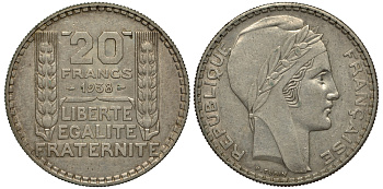 Франция 20 франков 1938 Пьер Тюрен KM 879, Le Franc 400.7 серебро 633-1033