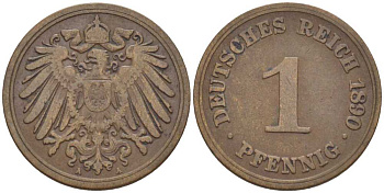 ГЕРМАНИЯ 1 ПФЕННИГ 1890 A KM 10, J. 10, Weege 2 медь 211-135