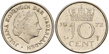 Нидерланды 10 центов 1972 Юлиана (1948-1980) KM 182 никель 4598-314