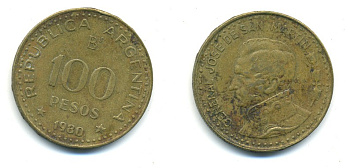 Аргентина 100 песо 1980 генерал Хосе де Сан Мартин KM 85 алюминиевая бронза 4364-131