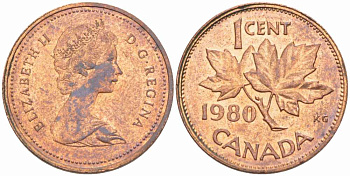 Канада 1 цент 1980 Елизавета II (1952-2022), кленовый лист KM 127 бронза 105-536