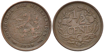 НИДЕРЛАНДЫ 1/2 ЦЕНТА 1938 ВИЛЬГЕЛЬМИНА (1890-1948) KM 138 бронза 39-236