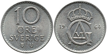 Швеция 10 эре 1964 U Густав VI Адольф (1950-1973) KM 835 медно-никель 4392-129