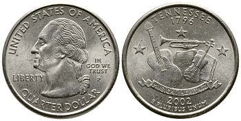 США 25 центов = квотер 2002 P, серия штаты США, Теннесси KM 331 медь плакированная медно-никелем UNC 80-254