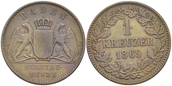 Баден 1 крейцер 1869 Великий Герцог Фридрих I (1856-1907) КМ 242 медь 117-836
